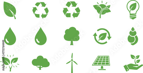 Green eco friendly icons representing nature, recycling, and renewable energy.