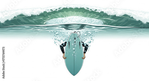 Surfer diving under a breaking wave, holding surfboard, view from underwater, bubbles visible.