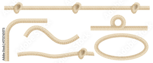 Natural rope texture with knot elements and isolated braided strands for marine or rustic designs. Brown twisted fiber form of loops and curves with woven pattern. Nautical cordage set for decoration