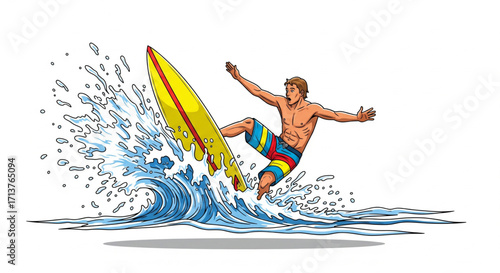 A surfer, mid-air, balances on a surfboard amidst a crashing wave.