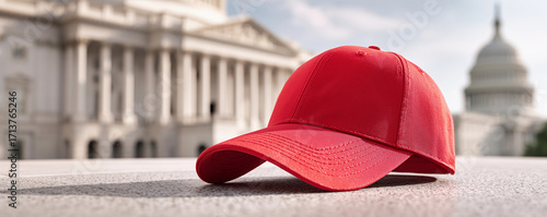 Red baseball hat cap mockup template concrete front United States Capitol historic American government building blank merchandise layout branding concept design political accessory banner space ad
