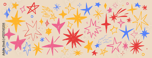 Color crayon stars drawn on beige background. Vector realistic illustration of hand drawn colorful doodle sparks, holiday fireworks, childish pattern design elements, grungy sketch art, school banner