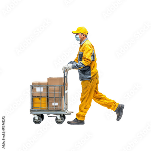 Delivery Worker in Protective Mask Pushing Cart with Packages