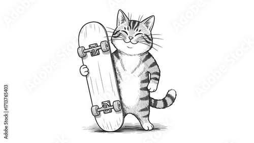 Playful Paws on Wheels: A charming illustration captures a joyful tabby cat, sporting a delightful grin and confidently holding a skateboard, embodying carefree fun and youthful zest.