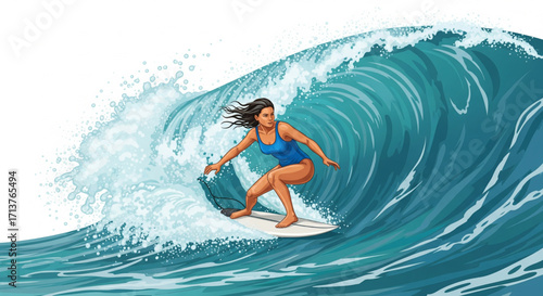 A female surfer skillfully rides a powerful ocean wave, her hair flowing in the wind, showcasing strength and grace in the water.