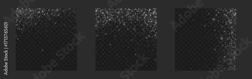 Falling silver confetti with glitter and shimmer particles for overlay effects or celebration backgrounds. Sparkling dust with bright stars on dark surface. Luxury textures for festive design.