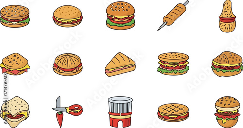 A colorful collection of delicious cartoon hamburgers and fast food items