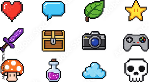 Retro pixel art game icons for fun digital adventures