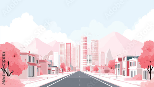 Serene city landscape with blossom trees a quiet road modern buildings and distant mountains a peaceful urban view