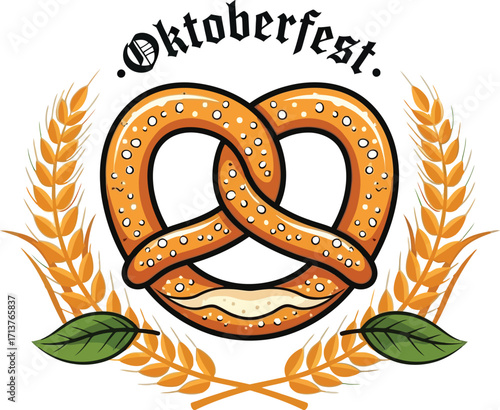 Vector illustration a pretzel with wheat and leaves illustration for oktoberfest celebration graphic design element isolated