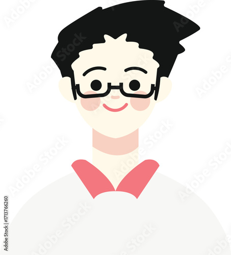 Flat illustration of a smiling young man wearing glasses and a white shirt.
