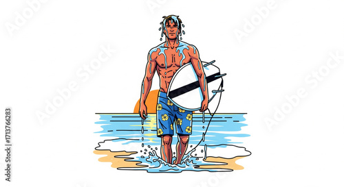 A surfer emerges from the ocean, carrying a surfboard, with the sun setting in the background.