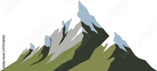 Majestic mountain peaks with snow caps and green slopes under a white sky