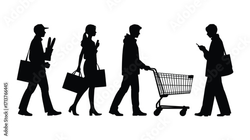 Vector silhouette of people shopping with cart and bags scalable eps illustration silhouette vector illustration white background