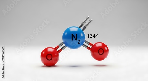 Molecular Model of Nitrogen Dioxide with Red and Blue Atoms on Gray Background