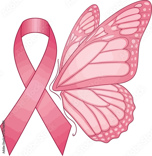 Vector illustration a pink ribbon combined with a butterfly wing on a white background in a digital illustration