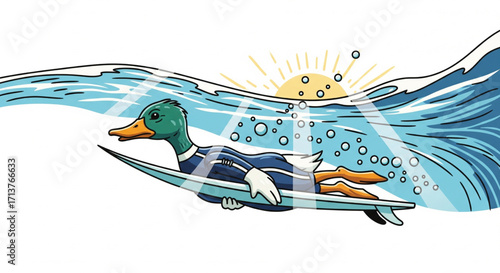 Cartoon duck surfing on a surfboard in the ocean under a bright sun, wearing a blue suit.