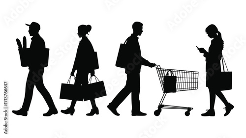 Vector silhouette illustration of diverse people shopping with bags and cart silhouette vector illustration white background