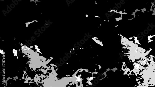 Abstract black and gray texture with sharp irregular splashes and bold flat tones. Fragmented ink blots, cracked stone surfaces, or abstract camouflage. Modern minimalistic chaotic design