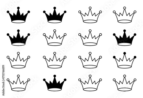 Collection of Black and White Crown Icons on a White Background