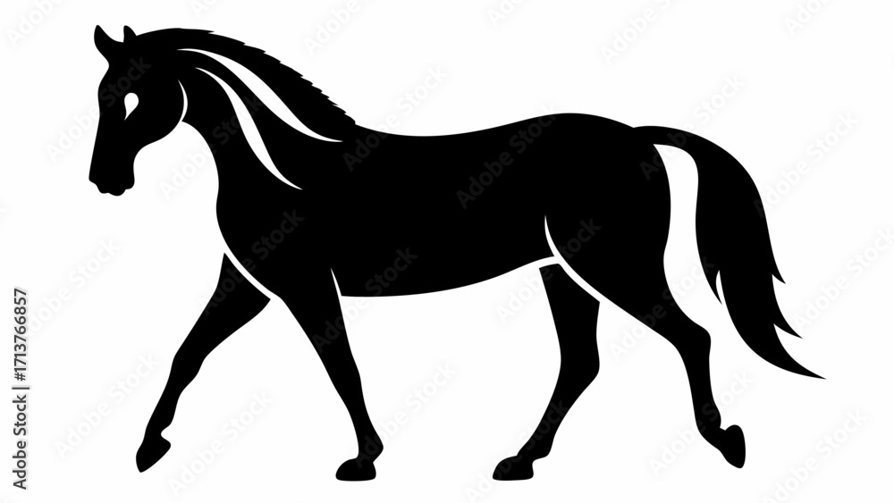 Obraz premium Elegant black silhouette of a walking horse, perfect for branding or equestrian designs, conveying strength and grace with its clean, modern vector art