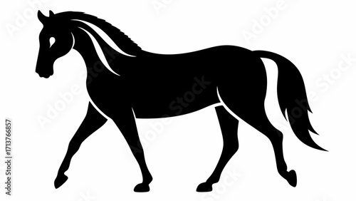Elegant black silhouette of a walking horse, perfect for branding or equestrian designs, conveying strength and grace with its clean, modern vector art