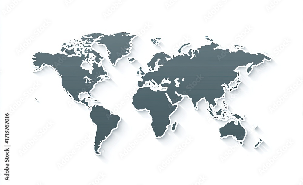 Fototapeta premium A grayscale world map with a subtle drop shadow, featuring simplified landmasses and a white background