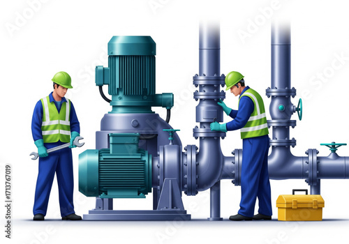 Industrial Maintenance Workers Repairing Pump System and Pipelines with Tools and Safety Equipment