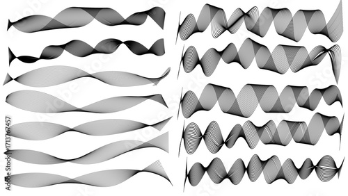 A large set of abstract smooth wavy line blends isolated on a white background. Dynamic wave line blend for design element. Abstract twisted curve lines with blend effect.