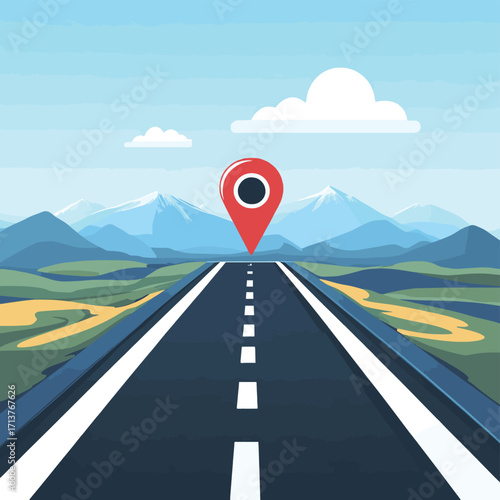 Road with a pin pointing right illustrating accuracy-focused execution and direction in navigation and guidance , vector style simple color