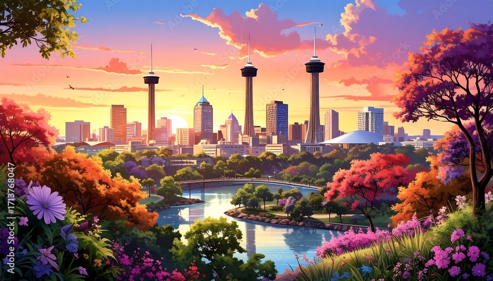 Fototapeta premium Colorful cityscape at sunrise
