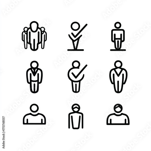 Set of linear icons representing people in various situations for web and application user interface design