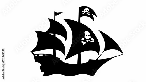 Iconic pirate ship with Jolly Roger flags sails across the seas seeking adventure and treasure