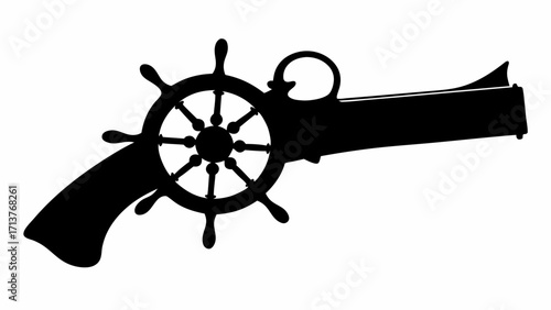 Intriguing fusion of a classic pirate ship's wheel with an old pistol, evoking adventure