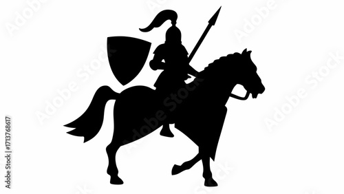 Bold knight silhouette riding horse with spear and shield ready for battle, historical warrior