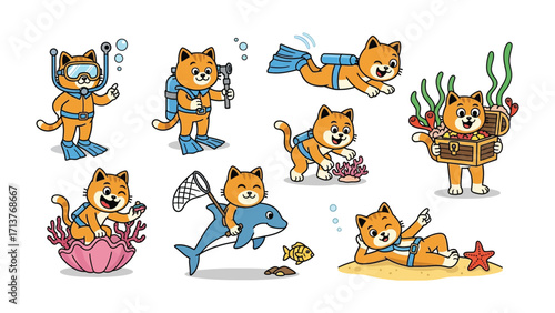 Cartoon Cat Scuba Diving Adventure: Playful cartoon cat as a scuba diver exploring the depths of the ocean with various underwater scenes. 