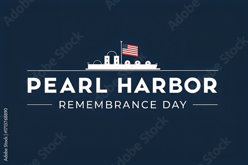 Pearl harbor remembrance day with ship and american flag on dark blue