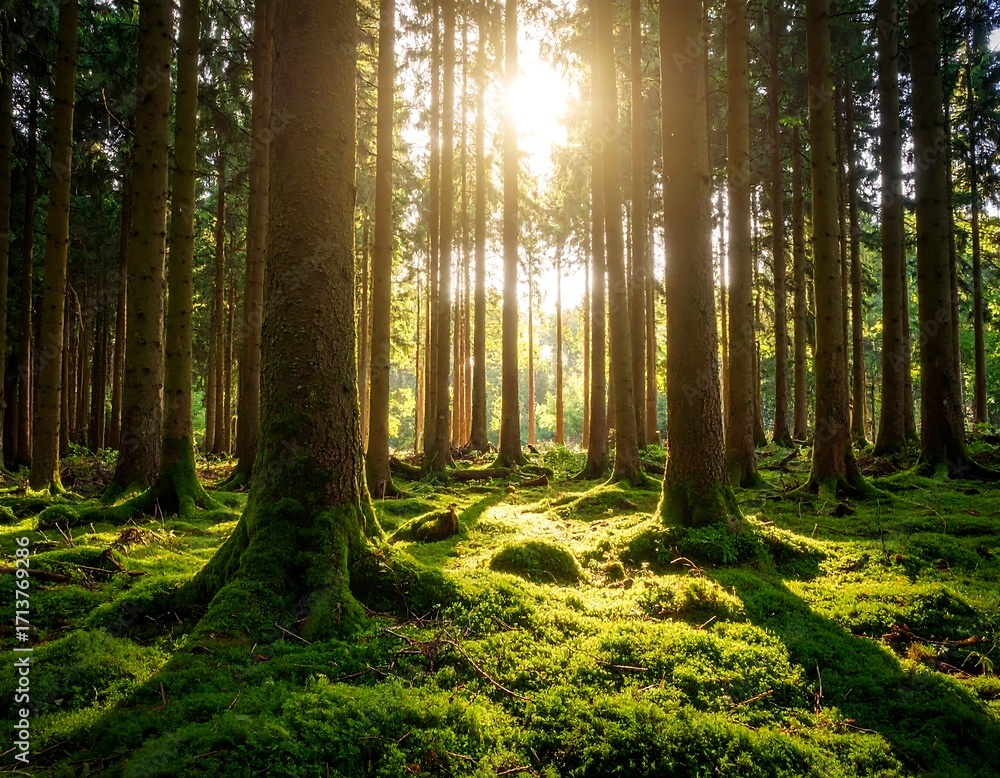 Fototapeta premium Sunlight streams through a dense forest floor covered in moss