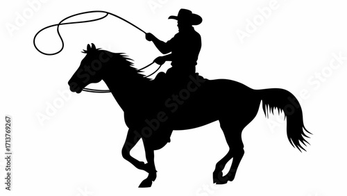 Dynamic cowboy silhouette riding a wild horse with lasso, embodying freedom and adventure