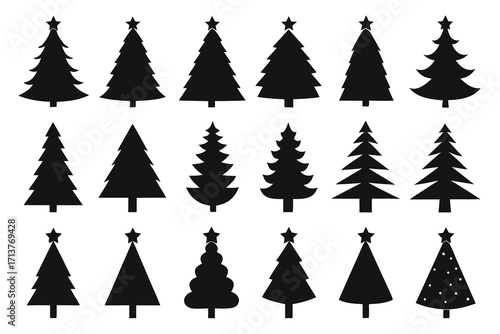 Black Silhouette Collection of Different Shapes of Christmas Trees with Star Toppers on White