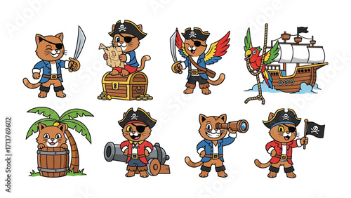Adventure Cat Characters: Set of playful illustrations featuring adventurous cartoon cat pirates in different action poses, holding pirate essentials.