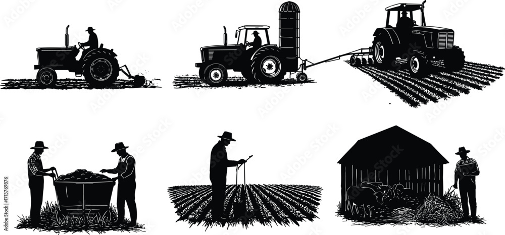 Naklejka premium Silhouette vector illustration of farmers working in fields, tractors plowing soil, harvesting crops, feeding animals, and practicing traditional agriculture.