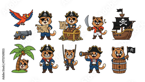 Pirate Theme: A collection of whimsical cartoon illustrations depicts playful pirate characters and elements, perfectly suited for children's entertainment.