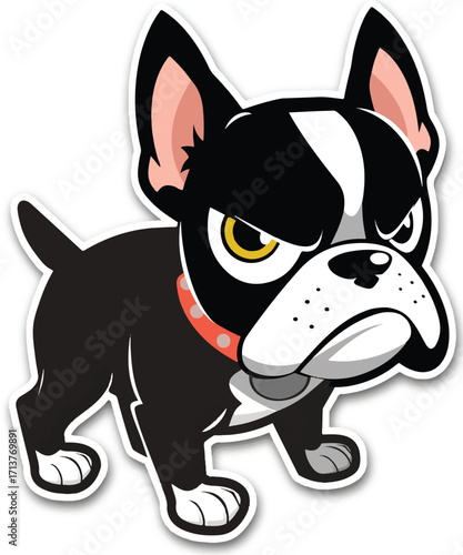 Grumpy Pup Illustration: An expressive illustration of a grumpy black and white pup with a red collar against a neutral background, showcasing its characteristic frown.