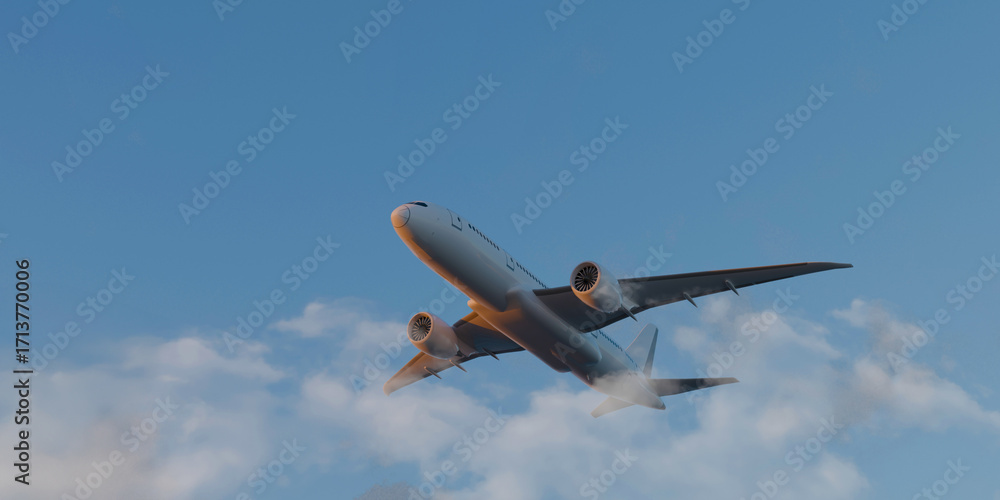 Obraz premium White passenger airplane flying in the sky amazing clouds in the background. 3d render. 