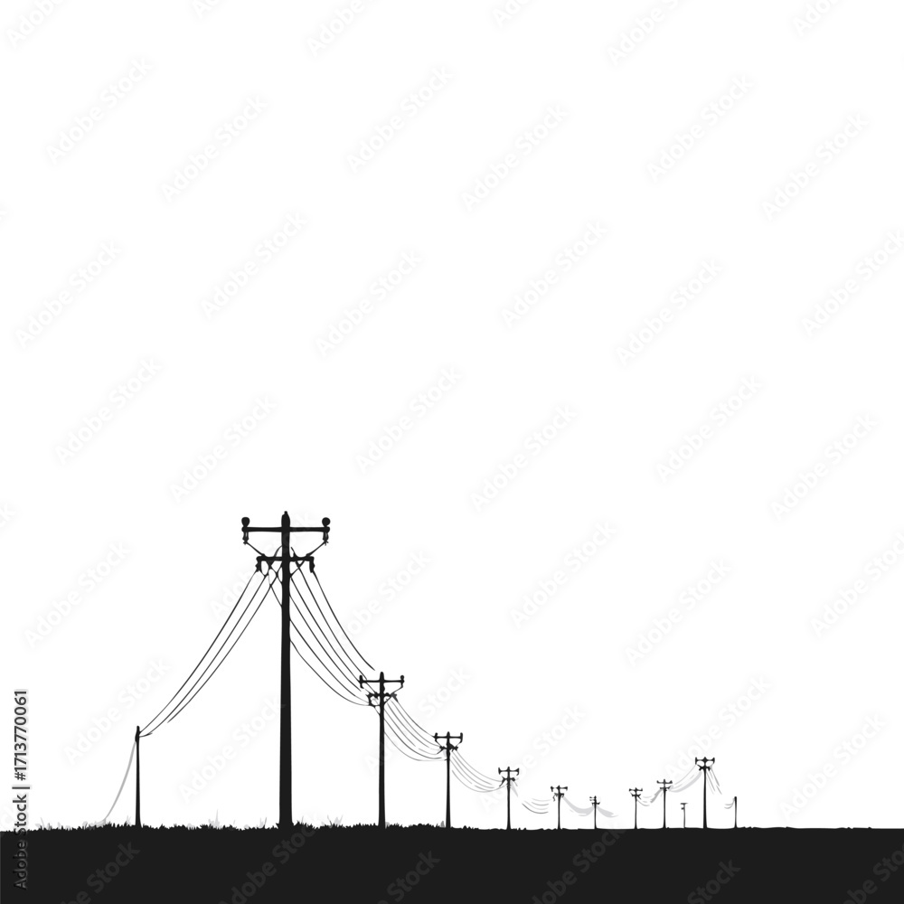Fototapeta premium Black silhouette of telephone poles and wires against white