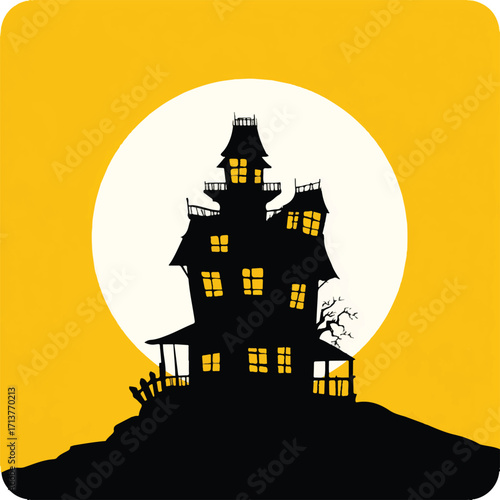 Spooky haunted house on a hill silhouetted against a full moon eerie Halloween scene