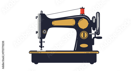 A vintage black sewing machine with golden accents illustration style