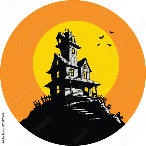 Spooky haunted house silhouetted against a full moon in a Halloween circle background