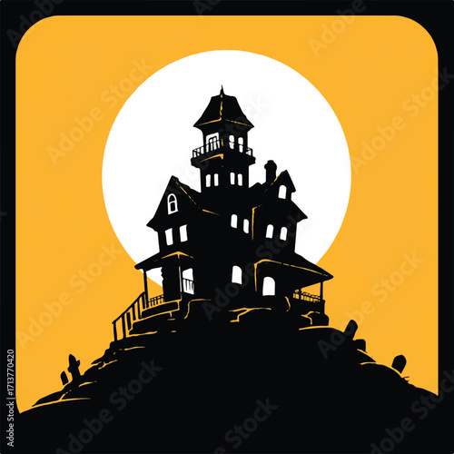Spooky haunted house silhouette against a full moon for Halloween horror night scene illustration